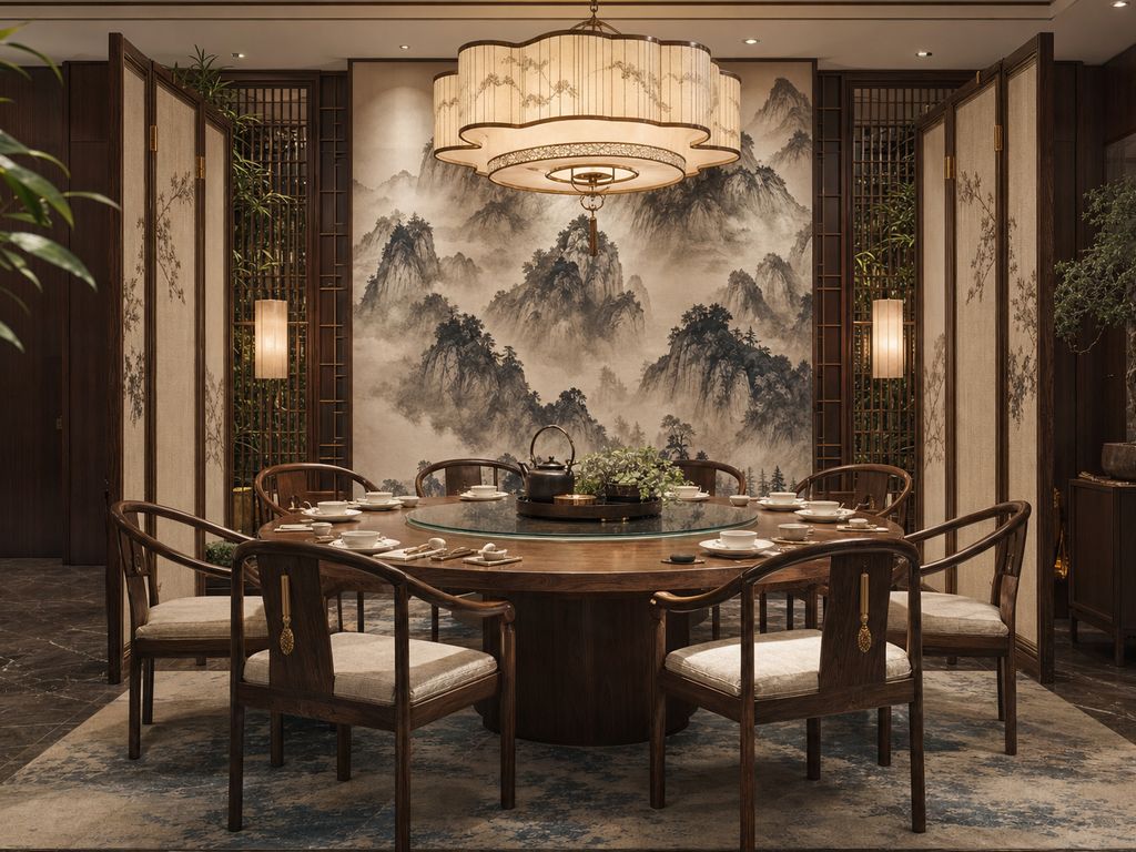 新中式风格的茶叙与会谈区，圆桌与山水屏风
